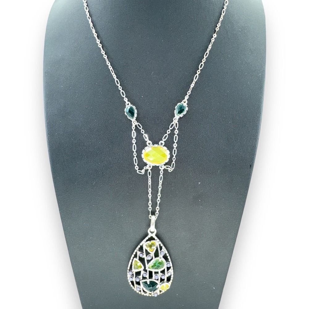 Lariat Green Purple Beaded Teardrop Pendant Silvertone Necklace